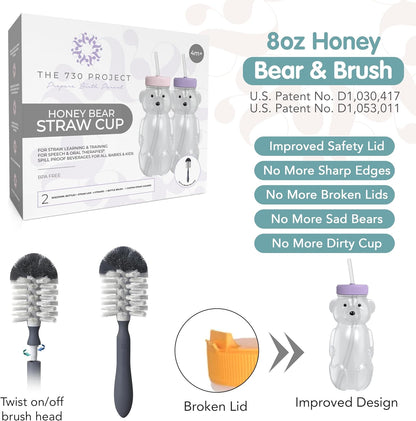 Honey Bear Straw Cup for Babies, 8oz Honey BearCup with Bottle Brush, 2-Pack Improved Lid Therapy Learning Honeybear Straw Cup for Baby Blueberry Pie & Firetruck