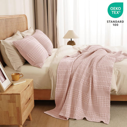 PHF 100% Cotton Waffle Weave Throw Blanket, Soft Lightweight Breathable Cozy Summer Throws for Couch Bed Sofa, Luxury Aesthetic Woven Blanket for Home Decor & Office, 50"x60", Pink/Mauve