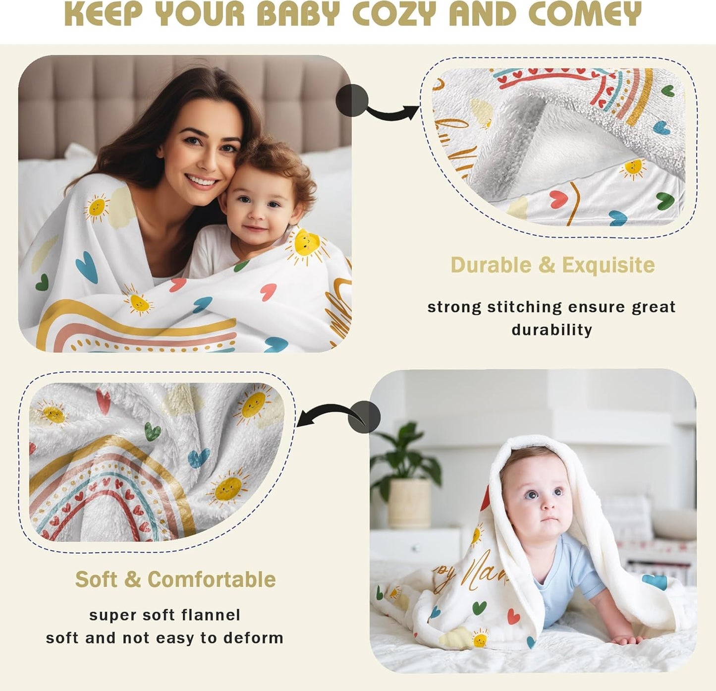 Personalized Baby Name Blanket for Girl Gifts for Baby Shower Christmas Birthday Custom Blanket with Boho Style Rainbow Customized Gifts for Newborn New Baby