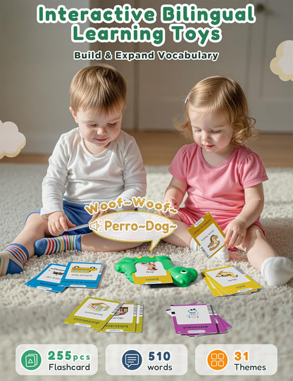 Spanish and English Talking Flash Cards for Toddlers with 510 Sight Words, Dinosaur Shaped Bilingual Pocket Speech Therapy and Autism Toys, Educational Learning Toys Gift for Kid Boys Girls