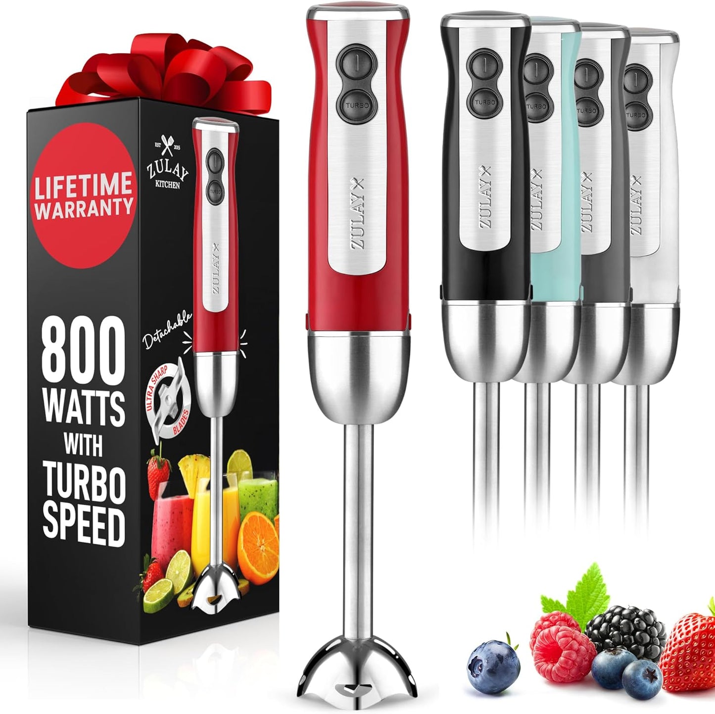Zulay Immersion Stick Mixer Hand Blender - 800 Watts, Turbo Mode, 5-ft Power Electric Cord