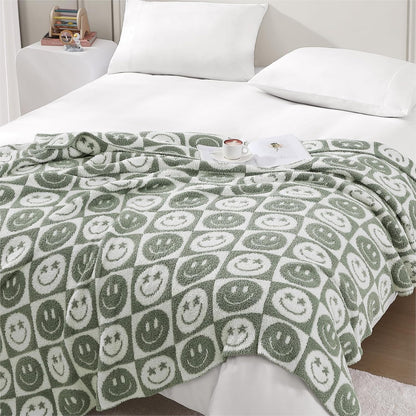 WRENSONGE Checkered Throw Blanket Seagrass Smiling Face Soft Cozy Fluffy Warm Hand Made Throw
