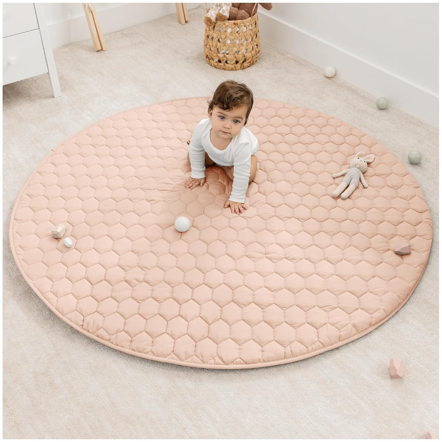 Comfy Cubs Round Kids Play Mat - Large 60 inches Soft Quilted Baby Floor Mat with Non-Slip Bottom - Plush Design for Toddlers' Playtime and Relaxation - Comfortable and Durable - Blush