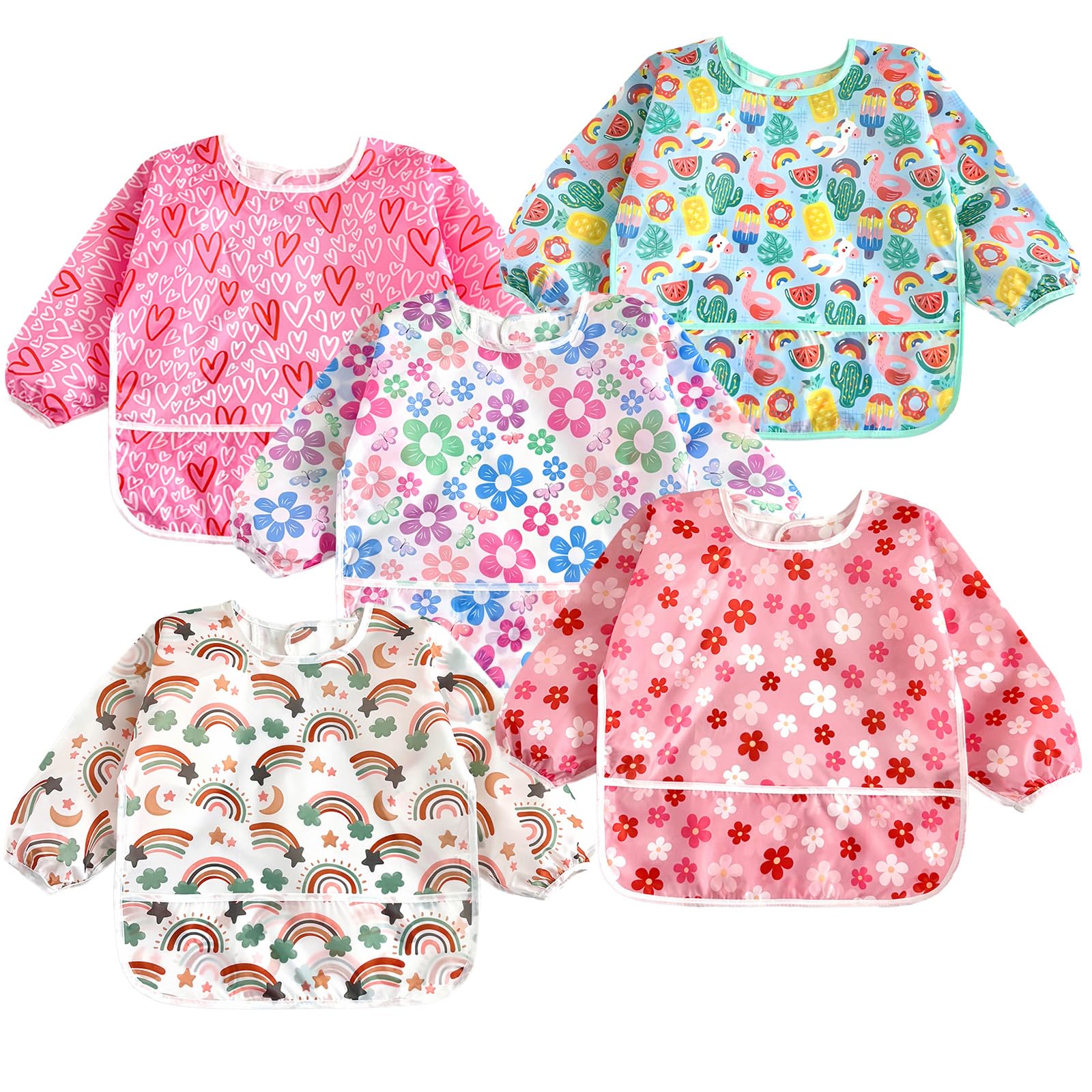 PandaEar 5 Pack Baby Long Sleeve Bibs| Waterproof Full Sleeve Bib for Baby Infant Toddler 6-36