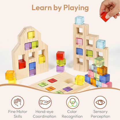 Wooden Building Blocks Set for Kids, 36 PCS Rainbow Acrylic Gem Cubes Blocks - 3 Wood House, Montessori Stacking Toy for Toddlers, Educational STEM Birthday Toys for Boys Girls 3-6