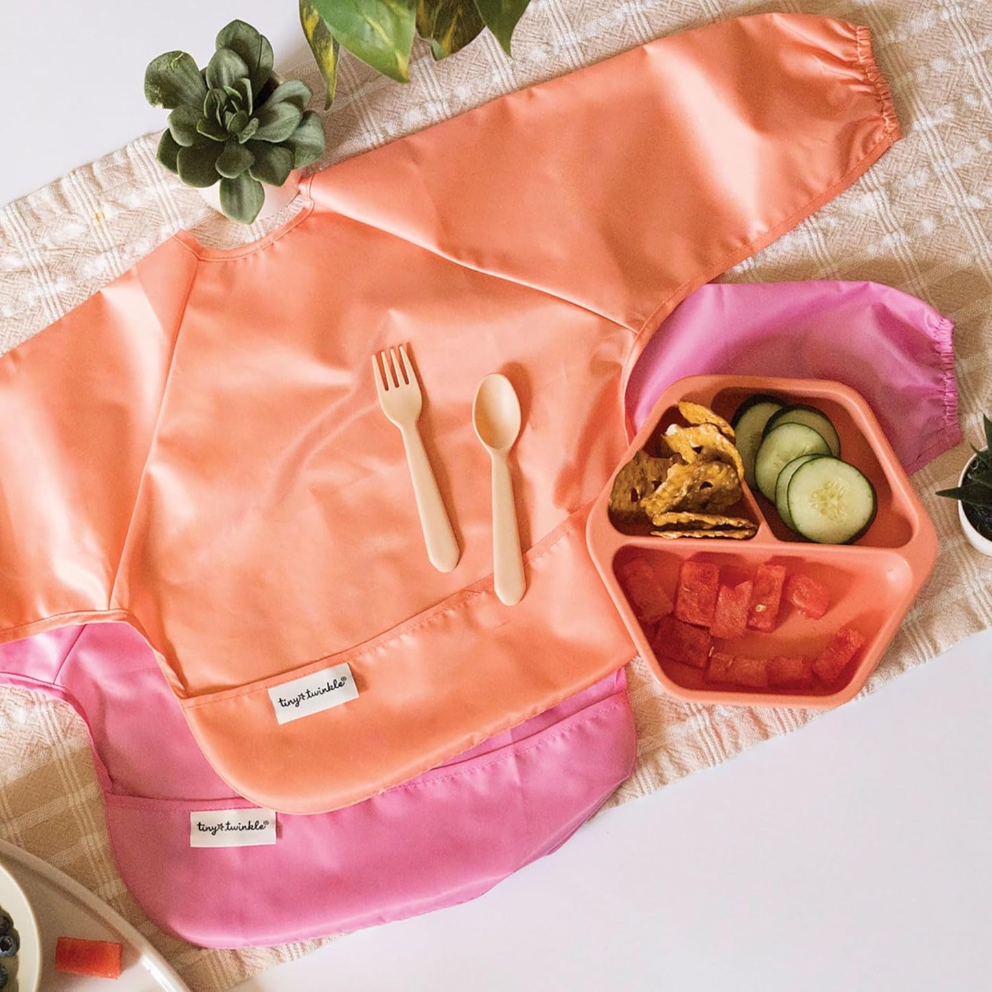 Tiny Twinkle Mess Proof Baby Bibs, 2pk Waterproof Smock Baby Bibs for Eating, Machine Washable Long Sleeve Bibs, Baby Led Weaning, Toddler Bibs, BLW Supplies (Sweet Treat, Small 6-24 Months)