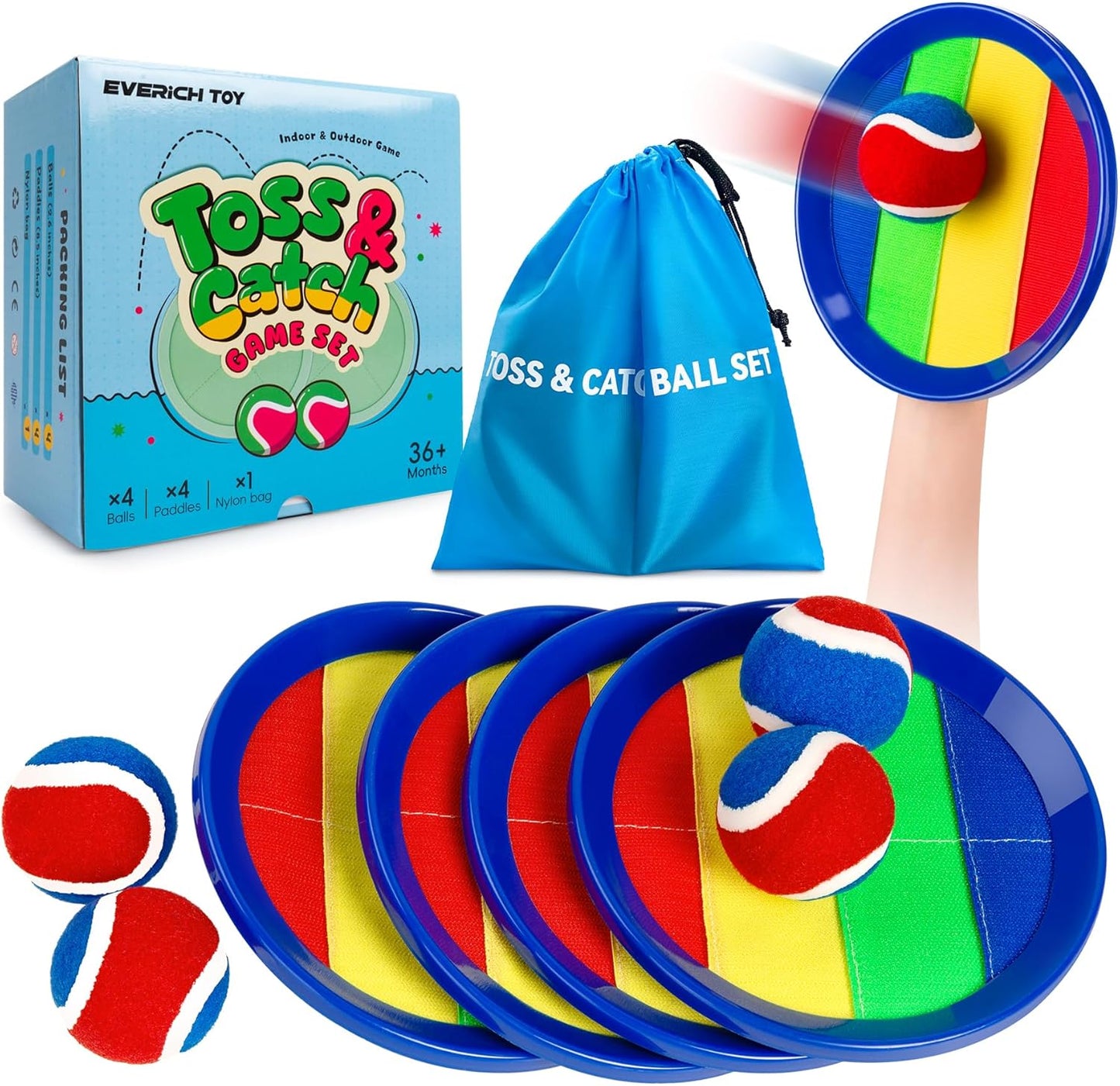 EVERICH Upgraded Toss and Catch Ball Game Set - Indoor and Outdoor Games for Kids 3-12, Beach Sand Pool Water Toy Includes 4 Paddles 4 Sticky Balls, Great Birthday Easter Gifts for Boys Girls