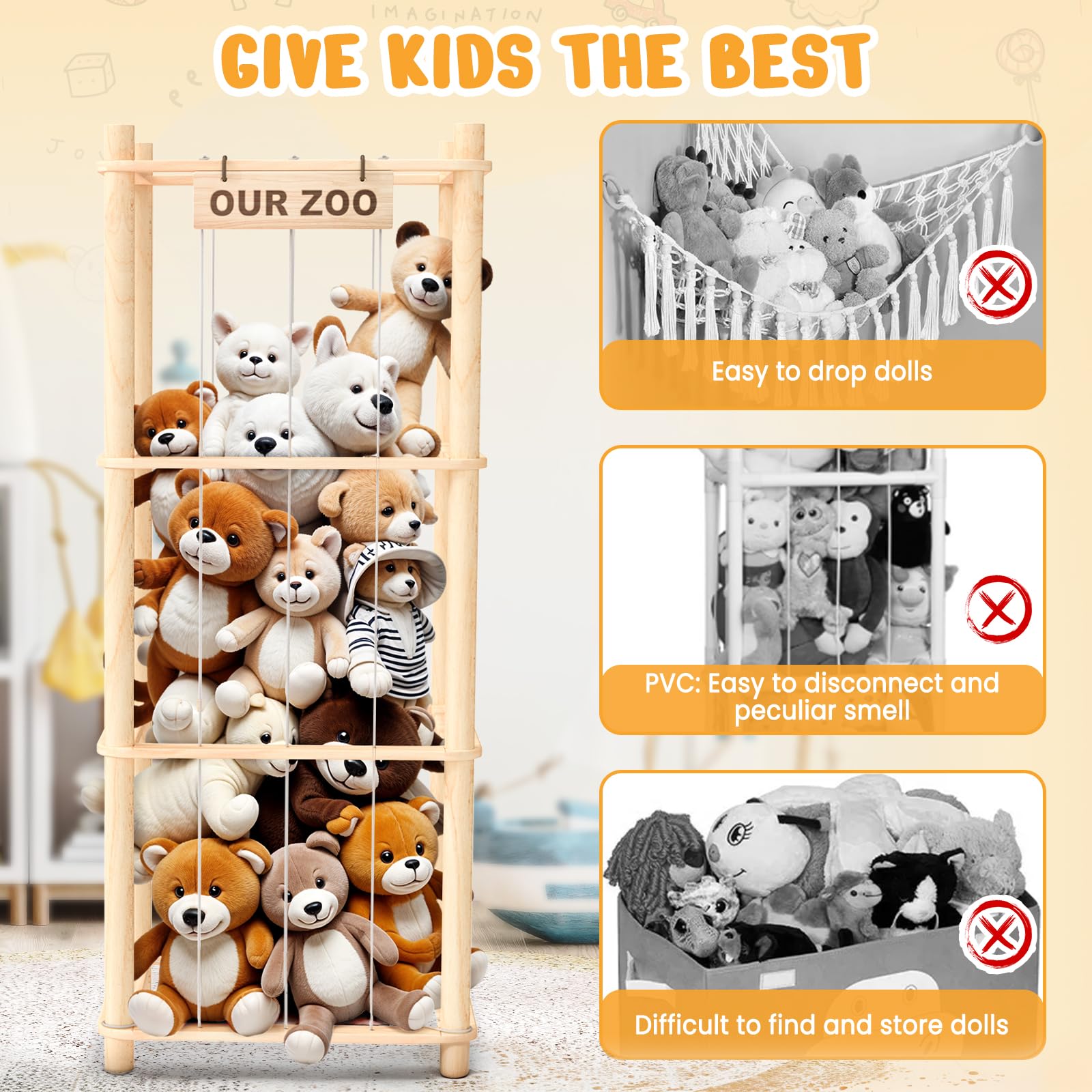 Woodure Stuffed Animal Storage & Organizer, Wooden Cute Zoo Toy Holder for Toddler Rooms, Playrooms