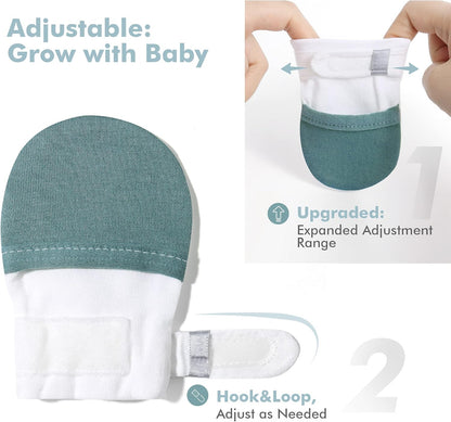 HAPIU Baby No Scratch Mittens Stay On, 100% Cotton Breathable, Adjustable Infant Gloves for Boys Girls, Newborn - 12 M