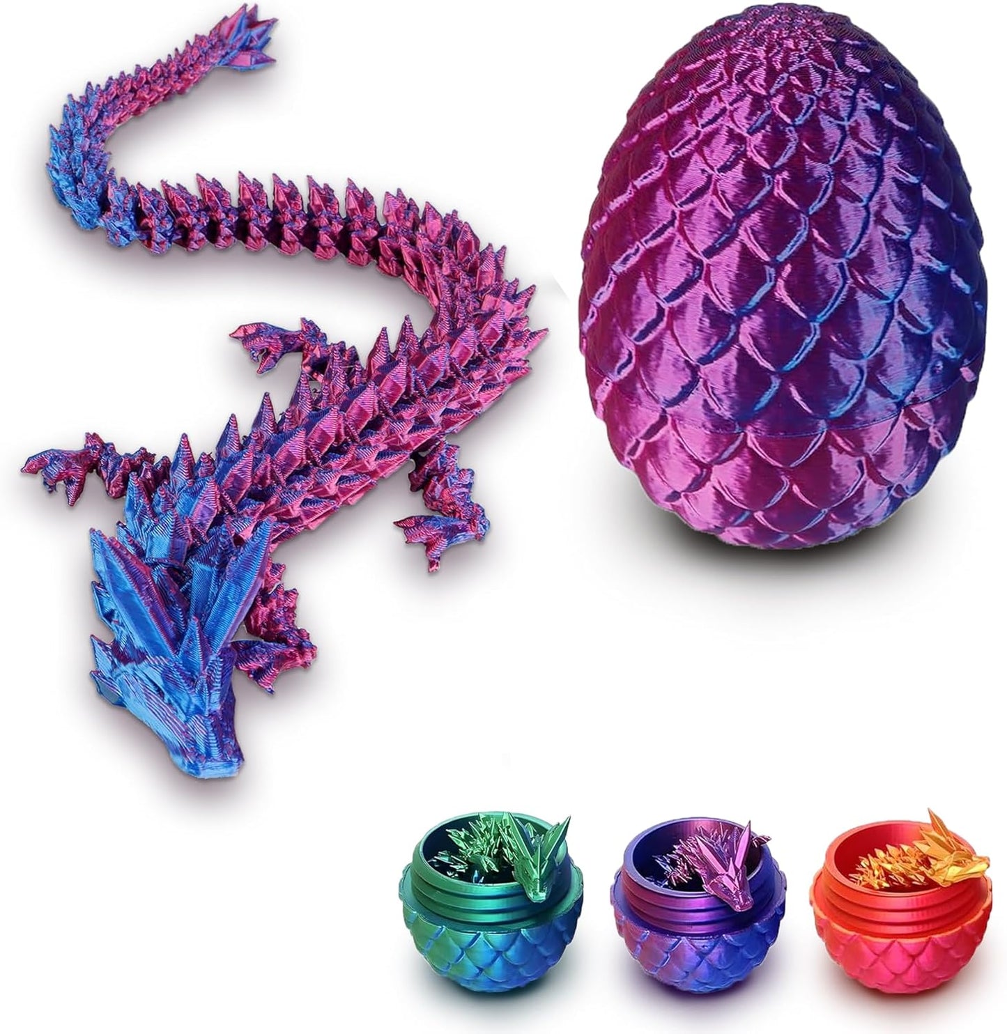 3D Printed Dragon in Egg, Full Articulated Dragon Crystal Dragon with Dragon Egg, Home Office Decor Executive Desk Toys, Adults Fidget Toys,12 Inches. (Laser Purple)