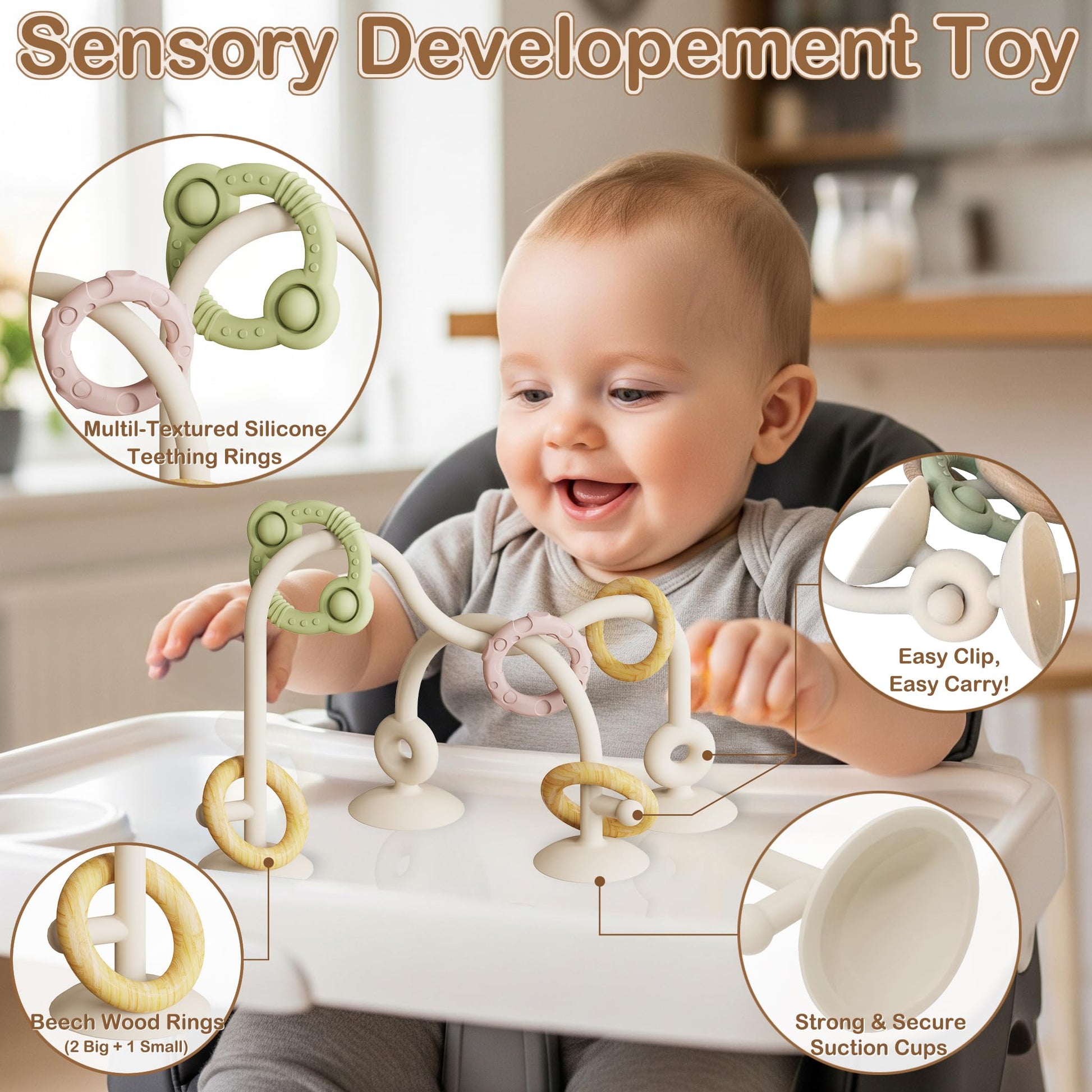 High Chair Suction Cup Toy & Teething Toy Set, Sensory Toy [Beige]