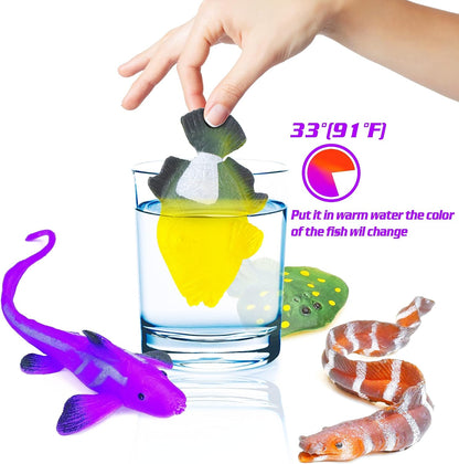 10PCS Sea Animal Figurines Bath Toys, Color Changing Ocean Fish Toys, Stretchy Realistic Animal