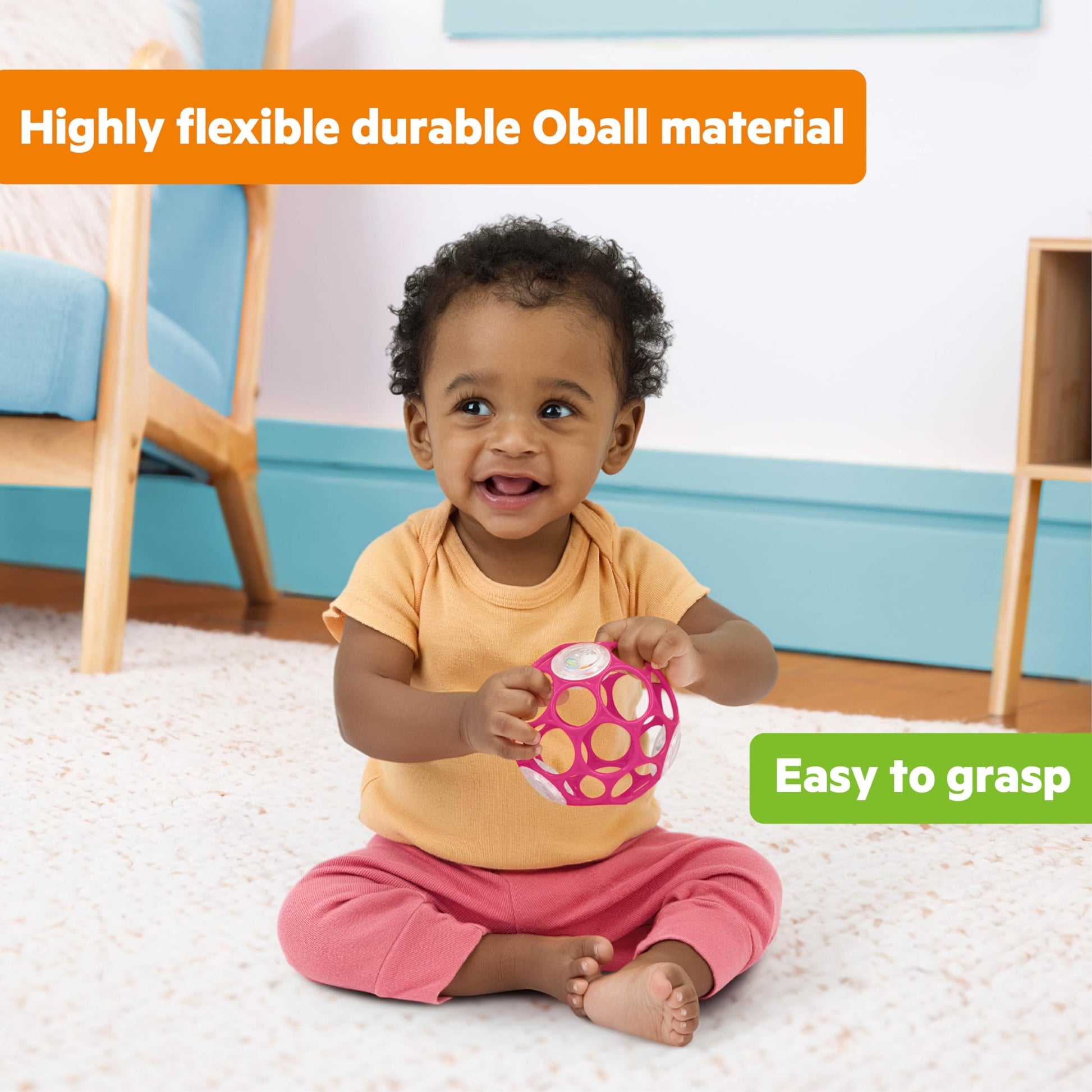Bright Starts Oball Easy-Grasp Baby Rattle Ball, Pink, Ages Newborn and Up, 4 Inches