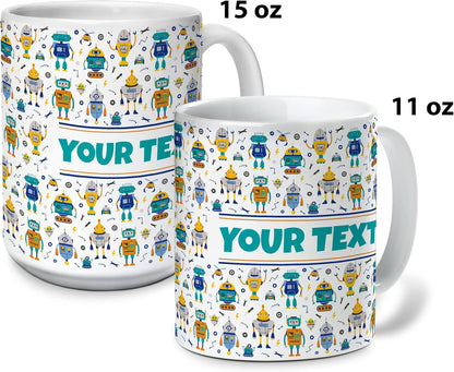 Personalized Mug for Kids - Robots - Custom Name/Text, Ceramic Hot Chocolate/Cocoa/Coffee Cup for Boys, Birthday/Christmas/Holiday Gift - 15 oz, Pink Handle