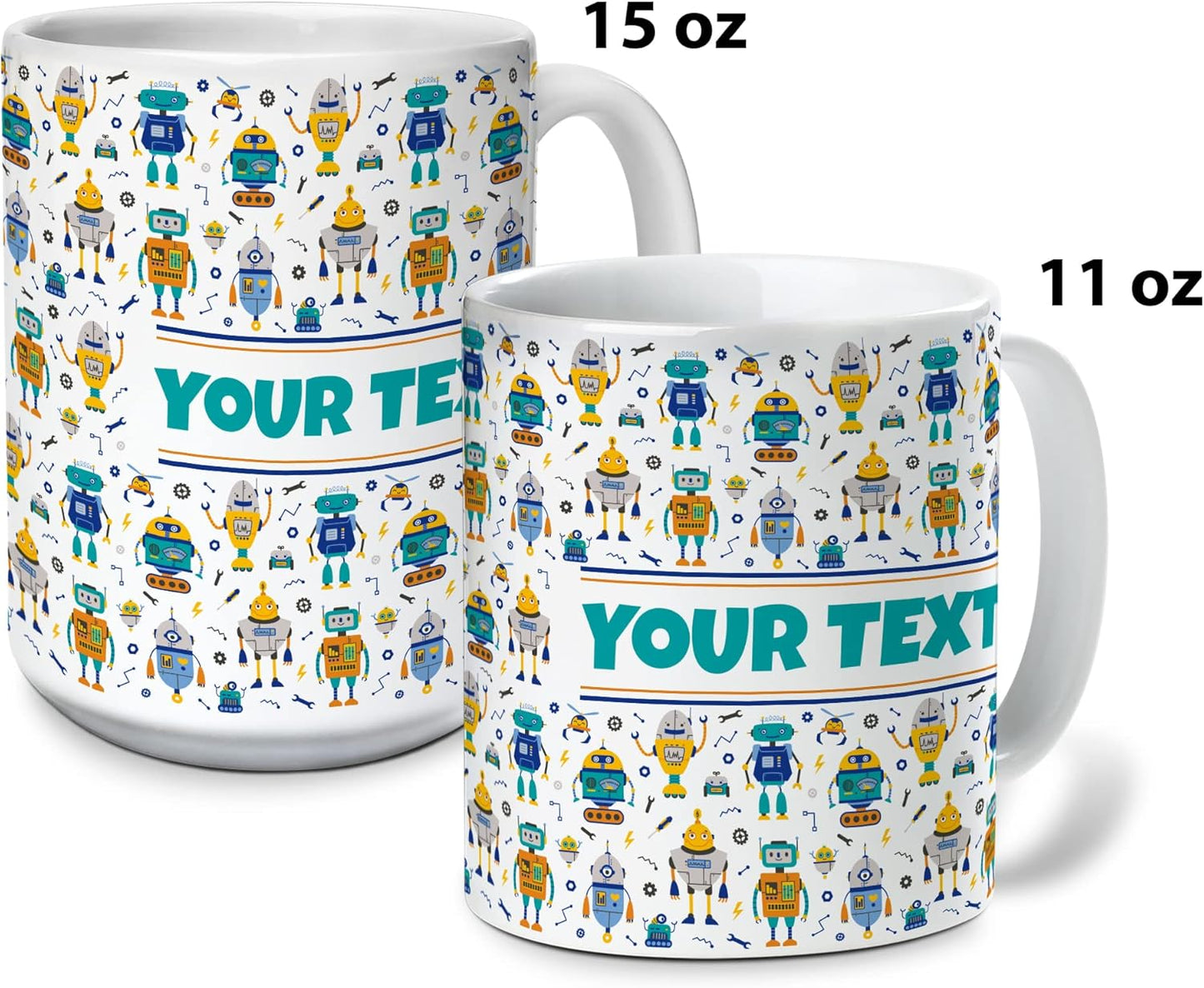 Personalized Mug for Kids - Robots - Custom Name/Text, Ceramic Hot Chocolate/Cocoa/Coffee Cup for Boys, Birthday/Christmas/Holiday Gift - 15 oz, Black Handle