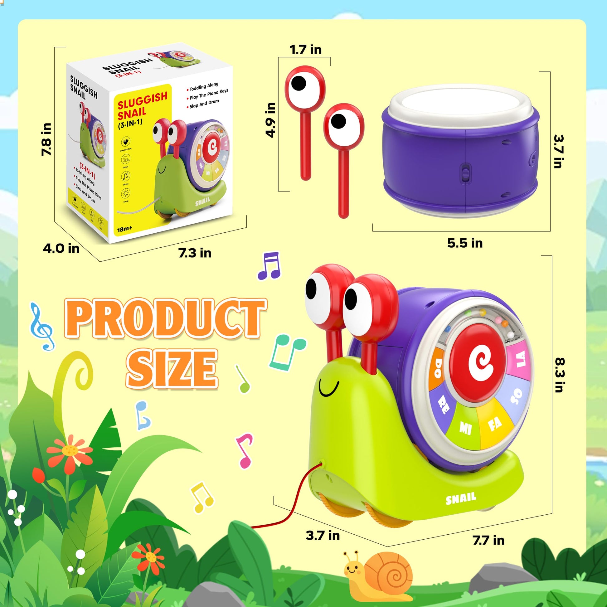 Ciesa 3 in 1 Musical Toddler Toys for 1-3 Year Old, Pull Along Snail Toy with Baby Piano and Light