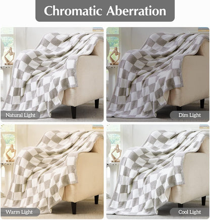 WRENSONGE Checkered Throw Blanket, Light Grey Soft Cozy Fluffy Warm Hand Made Throw Blankets for
