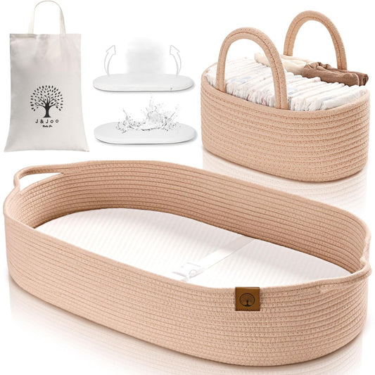 Baby Changing Basket Includes Diaper Caddy - Breathable & Waterproof Dual-Cover, Portable, Changing Pad for Dresser & Changing Table, Gift for Baby Shower, Cotton Rope Basket for Baby