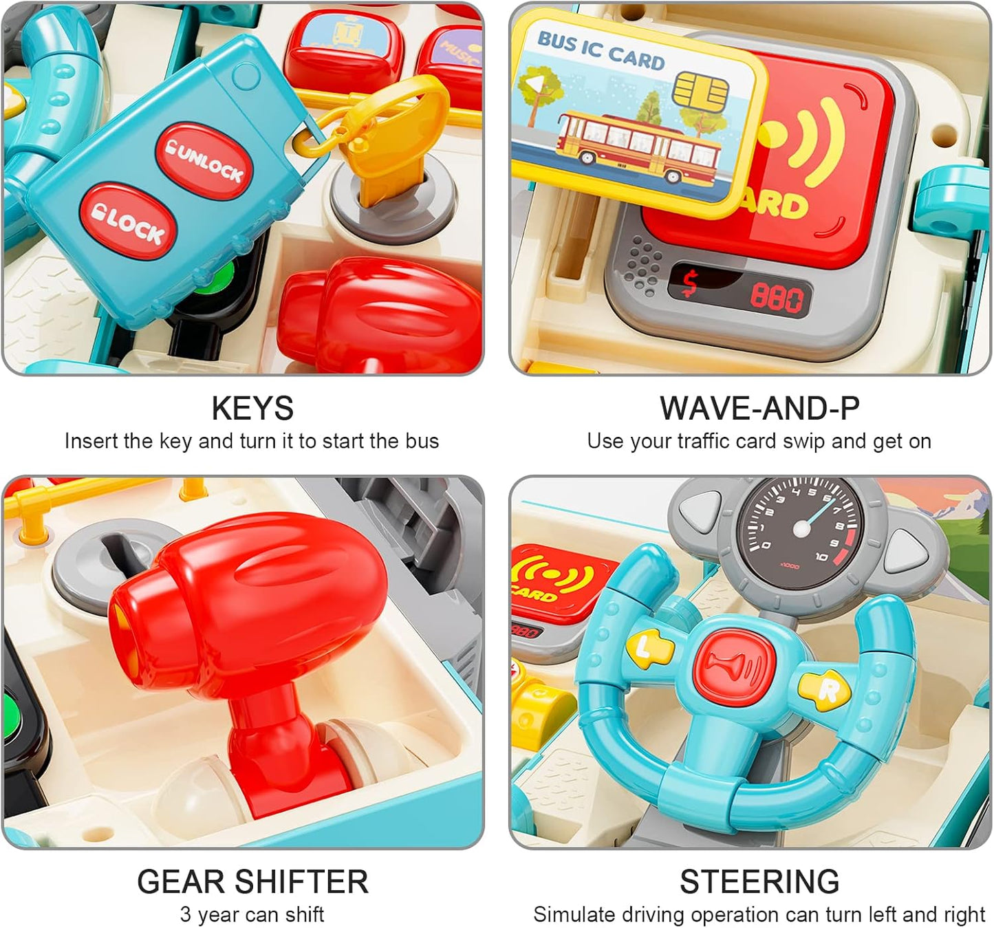 HONGTUO Bus Toy with Sound and Light, Simulation Steering Wheel Gear Toy, Toddlers Bus Toys with Music Education Knowledge Simulation Driving Bus Toys, Gift for 1-3-5 Boys & Girls