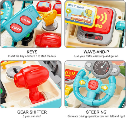 HONGTUO Bus Toy with Sound and Light, Simulation Steering Wheel Gear Toy, Toddlers Bus Toys with Music Education Knowledge Simulation Driving Bus Toys, Gift for 1-3-5 Boys & Girls