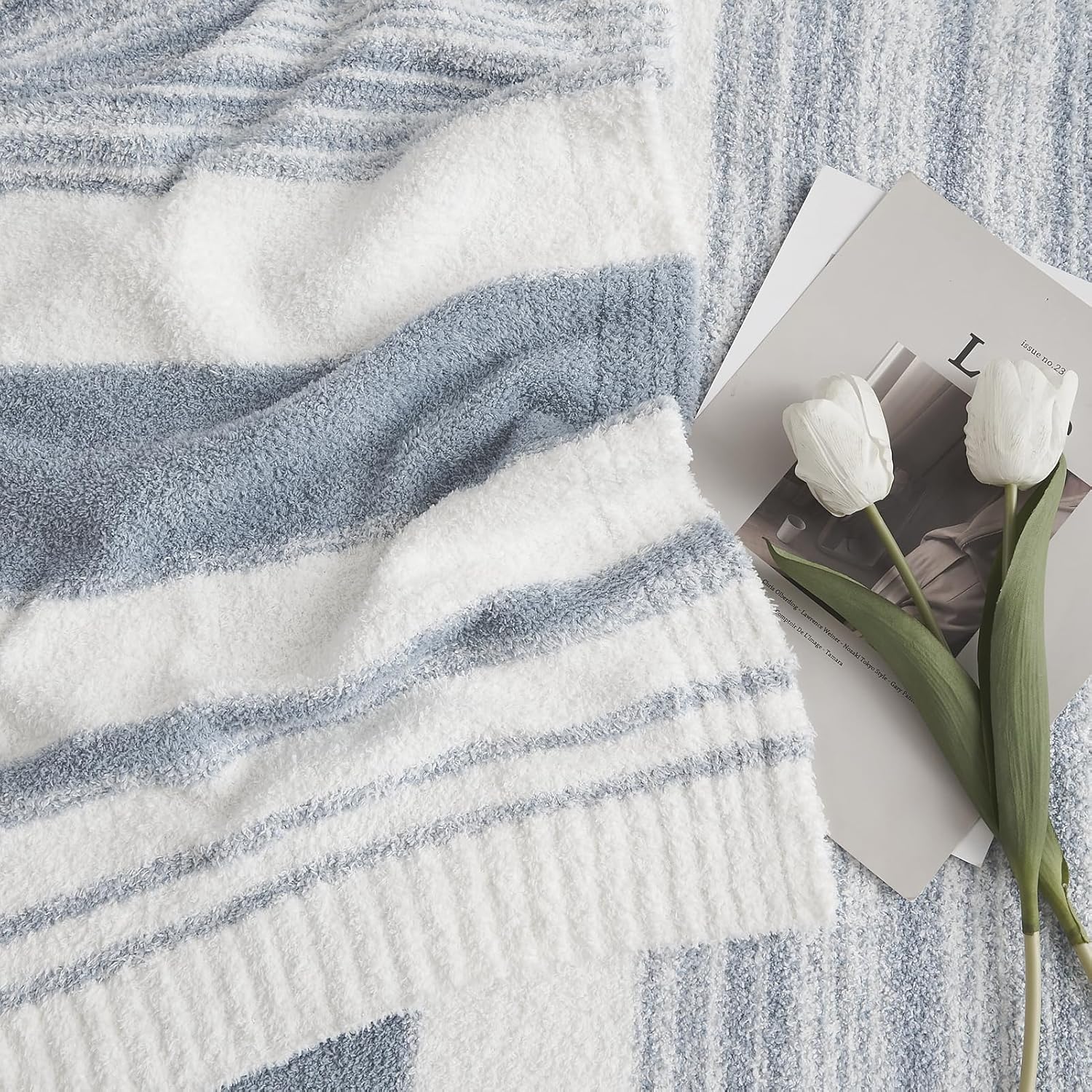 WRENGONGE Grey Blue Throw Blanket, 50x70 Soft Cozy Striped Throw Blankets for Couch, Sofa, Bed