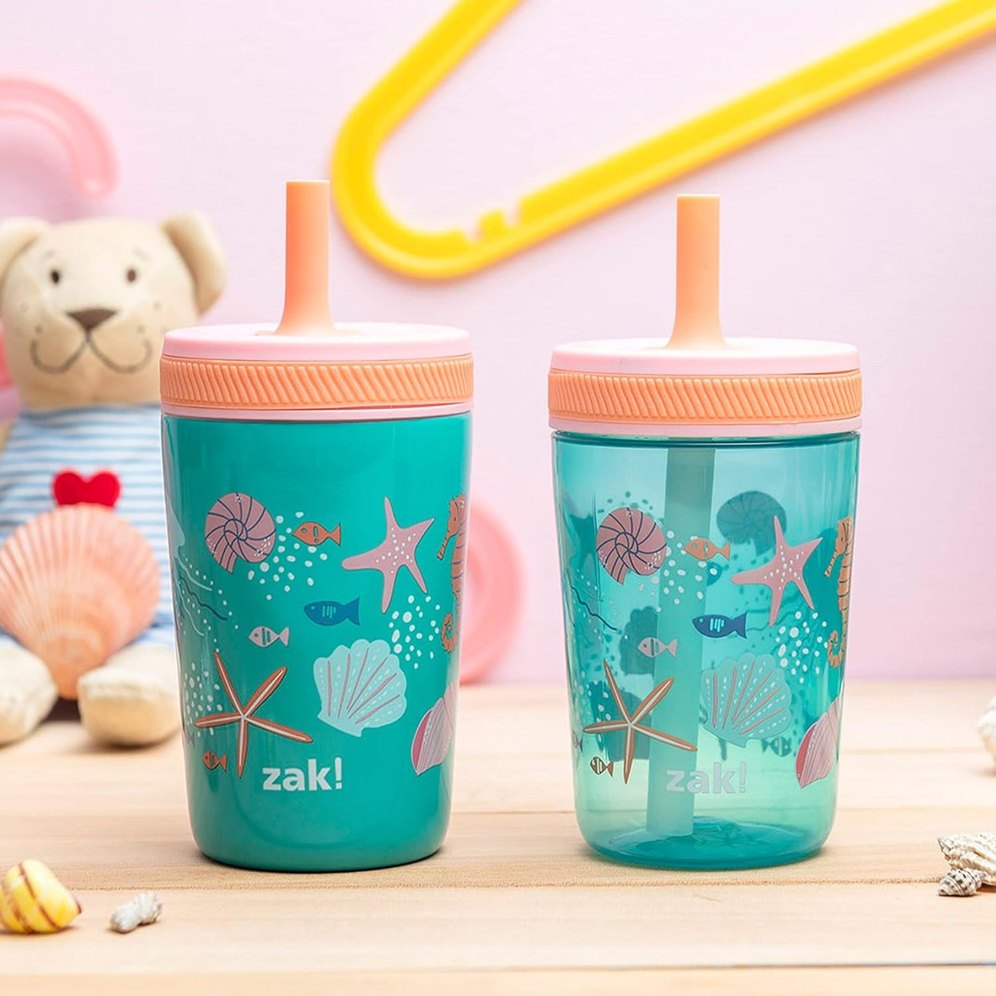 Zak Designs Shells Kelso Tumbler Set, Leak-Proof Screw-On Lid with Straw, Bundle for Kids Includes