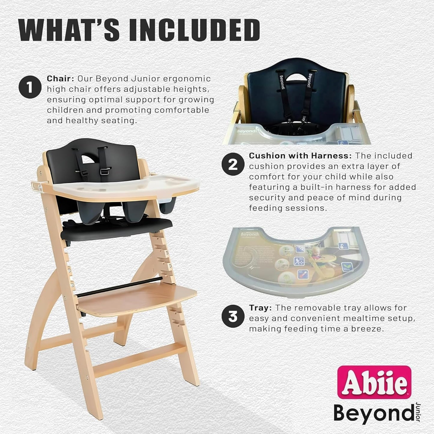 Abiie Beyond Junior Wooden High Chair with Tray - Adjustable and Convertible High Chair for Babies