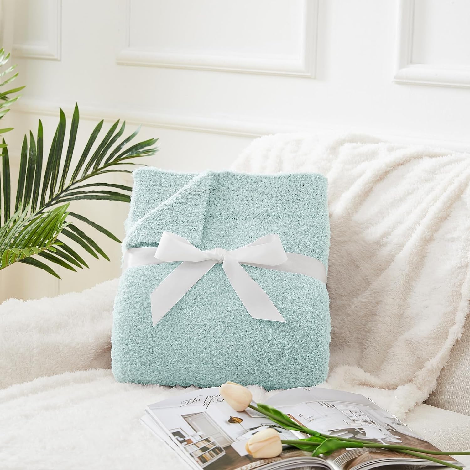 CYMULA Knit Throw Blanket for Couch Sky Blue - Super Soft Lightweight Plush Fuzzy Fluffy Cozy