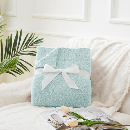 CYMULA Knit Throw Blanket for Couch Sky Blue - Super Soft Lightweight Plush Fuzzy Fluffy Cozy