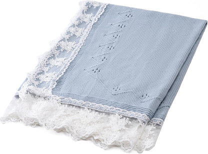 Booulfi Baby Blankets Neutral Knitted Blue Cotton Blue Baby Blanket Stroller Lace Border Crochet