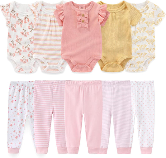 Baby Boy Girl 10 Piece Combined Type Clothing Set Cotton Baby Bodysuits and Pants Set Home Outdoor Infant Clothes