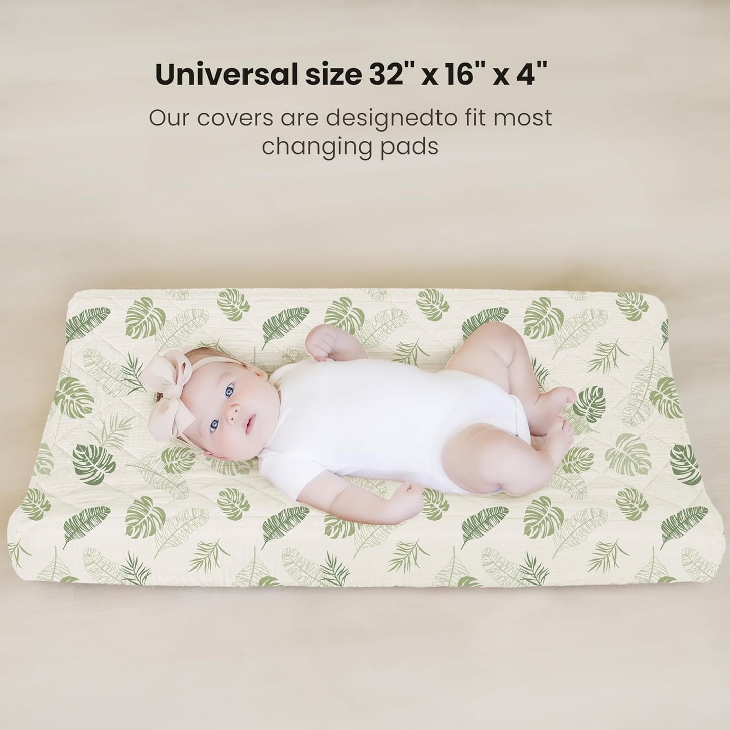 Konssy Waterproof Muslin Changing Pad Cover 2 Pack, Quilted Cotton Fitted Diaper Changing Table Cover, Soft Changing Pad Sheets for Girls Boys (Palm Paradise,Sage)