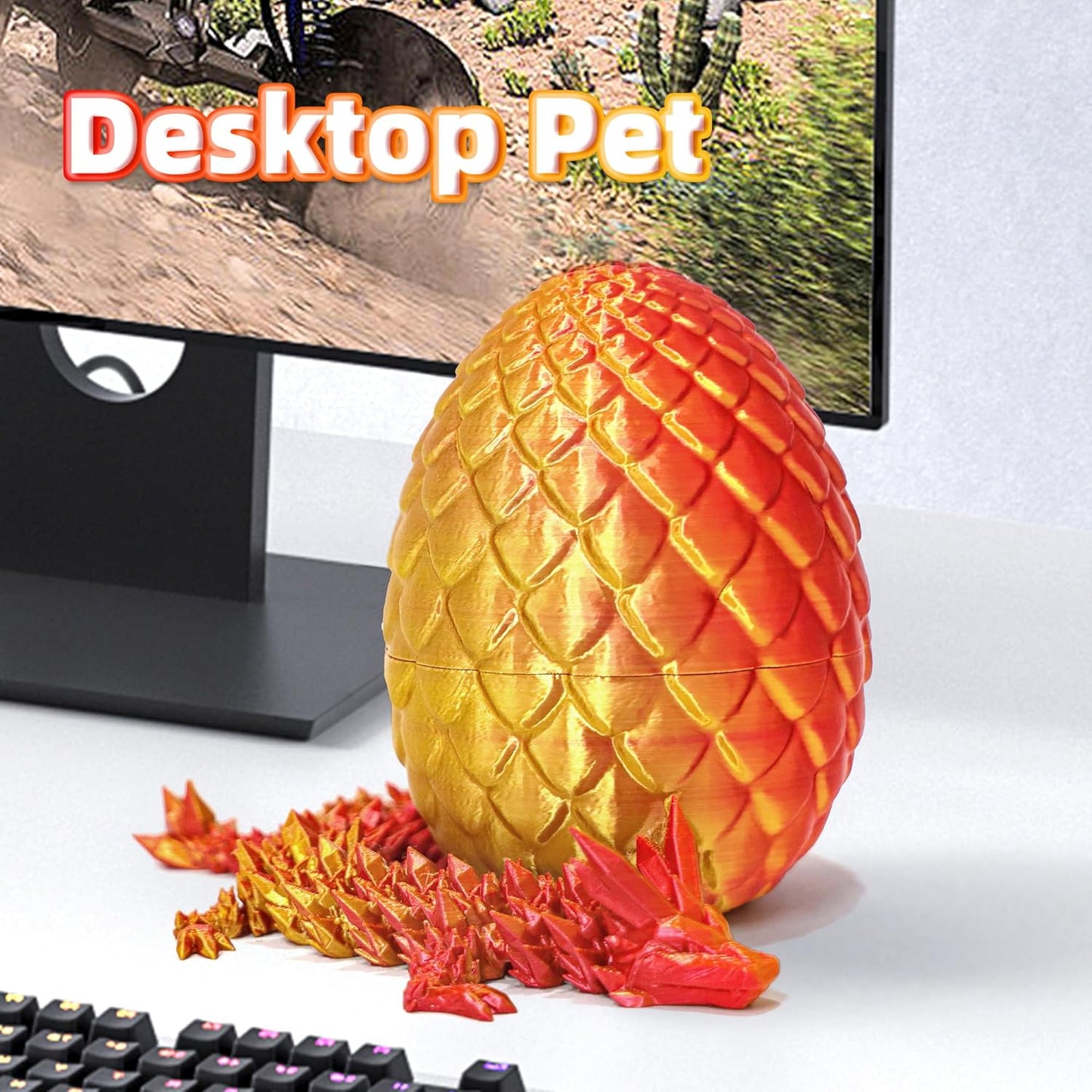 Dragon Egg - 3D Printed Egg with Flexible Pearly Sheen Dragon Inside, 3D Printed Surprise Gift, Articulated Dragon Egg Fidget Toy, Decor (12” Dragon,Red Mix Gold)