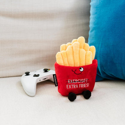 Exercise? Extra Fries! French Fry Plushie - Funny Pun Meme Gag Gift, White Elephant, Stocking Stuffer Present, Great for Emotional Support, Fun Desk Accessory, Weighted Base for Display