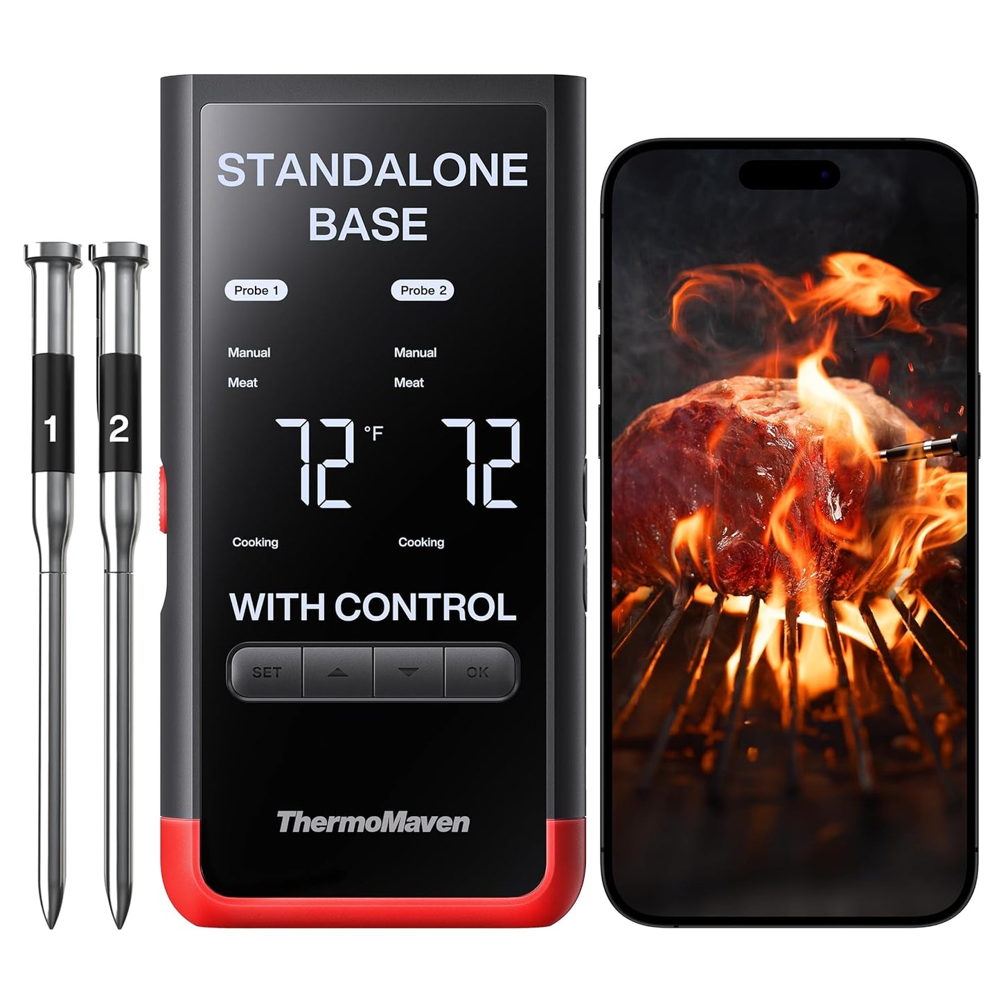 Smart Bluetooth Wireless Meat Thermometer: Standalone Base, WiFi Unlimited Range, 6 Sensors with