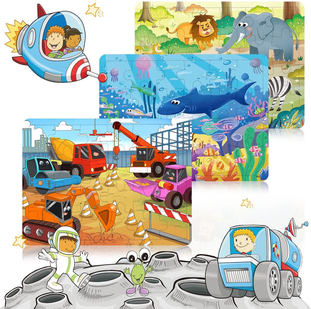 Wooden Puzzles for Kids Ages 3-5, 24 Piece Colorful Learning Toys for Toddler Children - Educational for Boys and Girls (6 Puzzles)