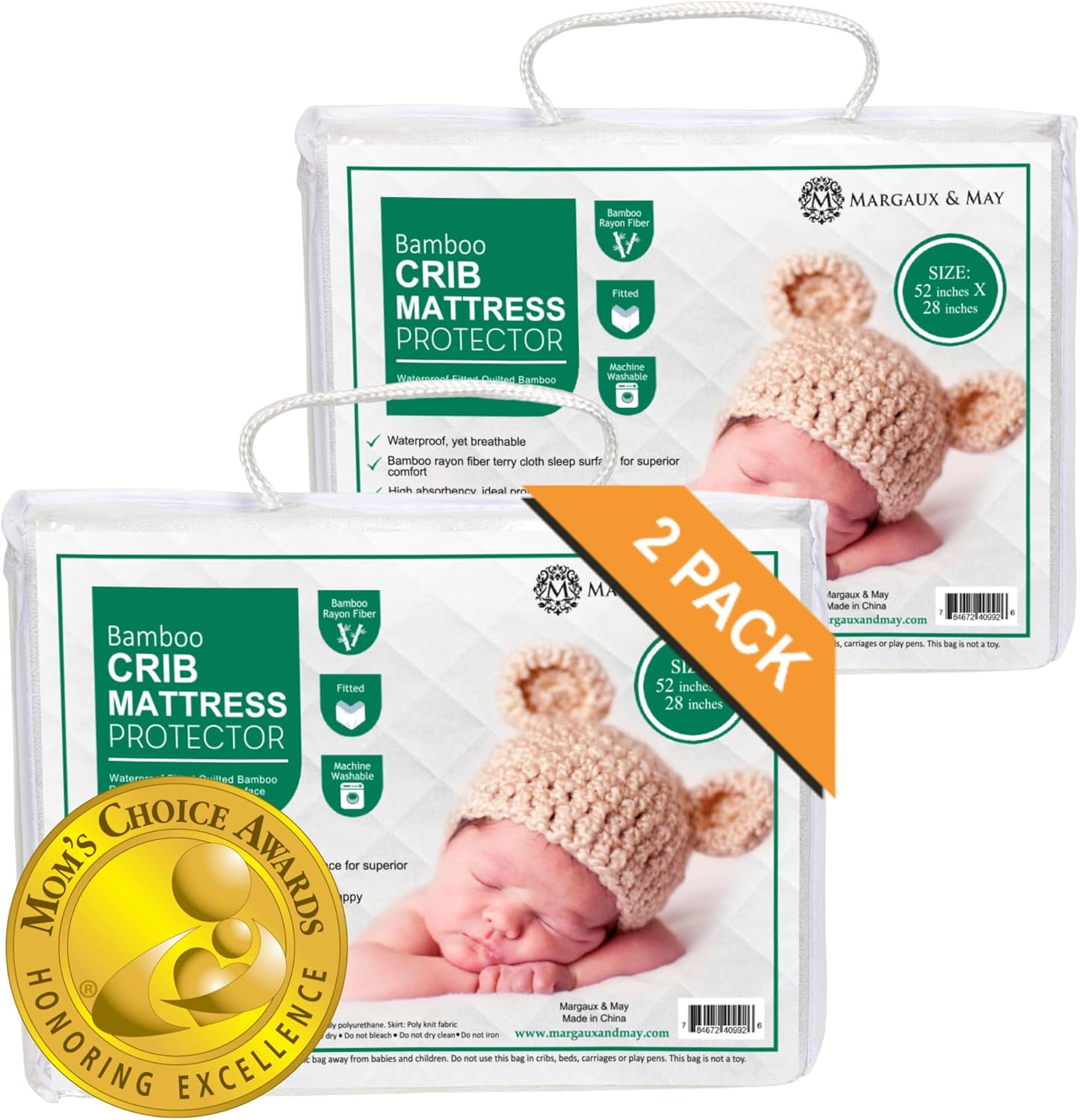 Crib Mattress Protector Pad 2 Pack - Ultra-Soft Waterproof Breathable Premium Bamboo Rayon
