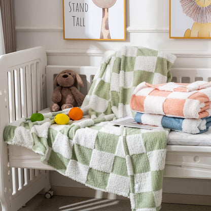 Fleece Baby Blanket for Boys 3D Checkerboard Design, Warm Cozy and Fluffy Infant Newborn Toddler Small Receiving Blankets for Crib Stroller, 30x40 Inches, Green