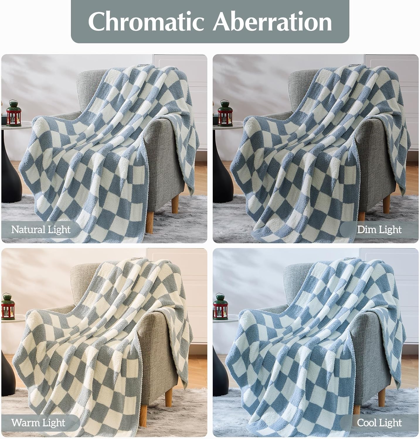 WRENSONGE Checkered Throw Blanket, Grey Blue Soft Cozy Fluffy Warm Hand Made Throw Blankets for