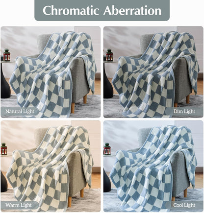 WRENSONGE Checkered Throw Blanket, Grey Blue Soft Cozy Fluffy Warm Hand Made Throw Blankets for