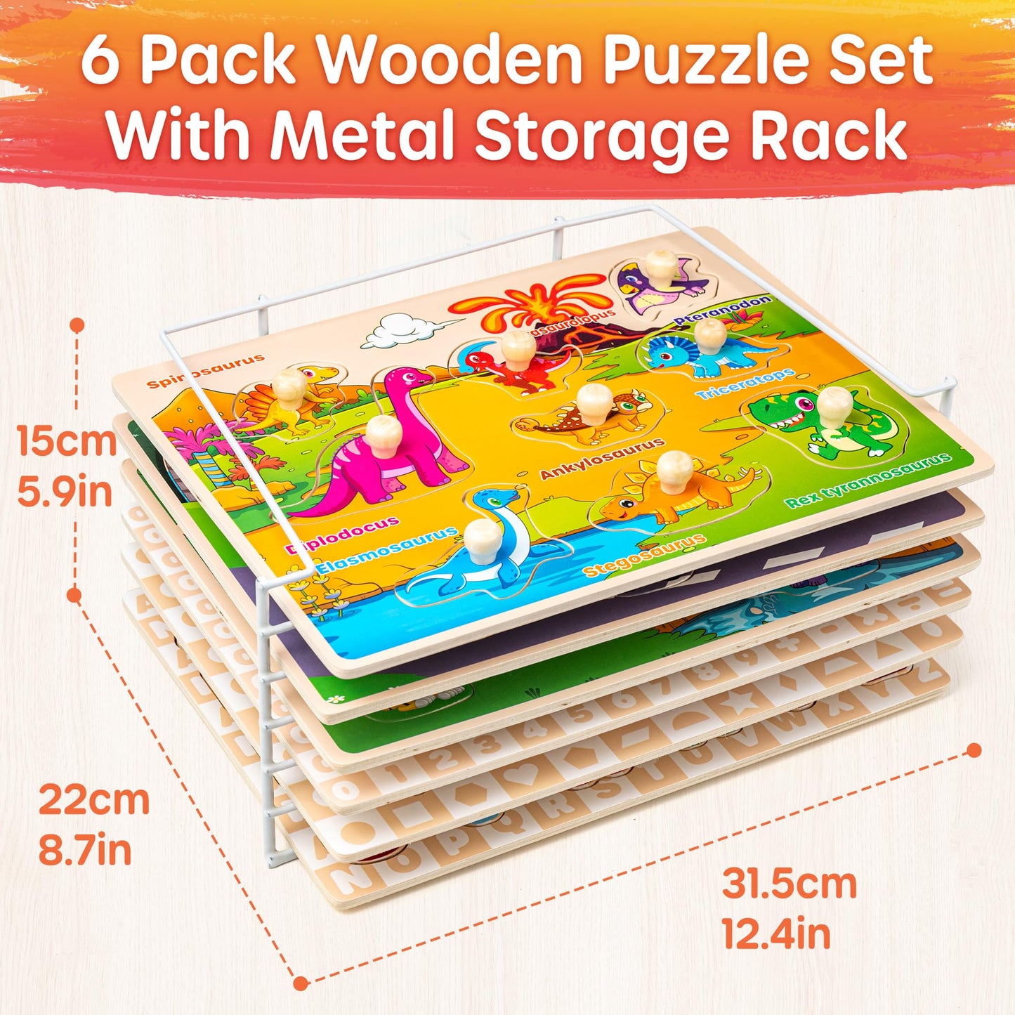 SYNARRY Wooden Puzzles for Toddlers 1-3, 6XSET Puzzles for Toddlers 2-4 with Rack, Learning
