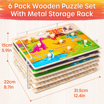 SYNARRY Wooden Puzzles for Toddlers 1-3, 6XSET Puzzles for Toddlers 2-4 with Rack, Learning