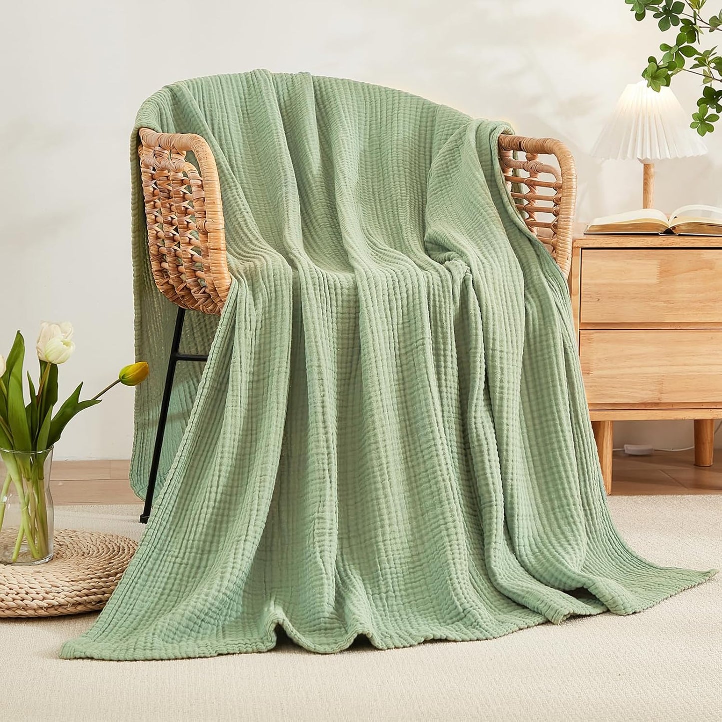 EMME Cotton Twin Blanket for Couch Soft Airy Muslin Bed Blankets Lightweight Breathable Blanket All Season Gauze Blanket, Sage Green
