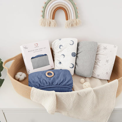 Bearmoss Muslin Mini Crib Sheets for Pack N Play Mattress - 100% Cotton - 38"x24" Soft Breathable