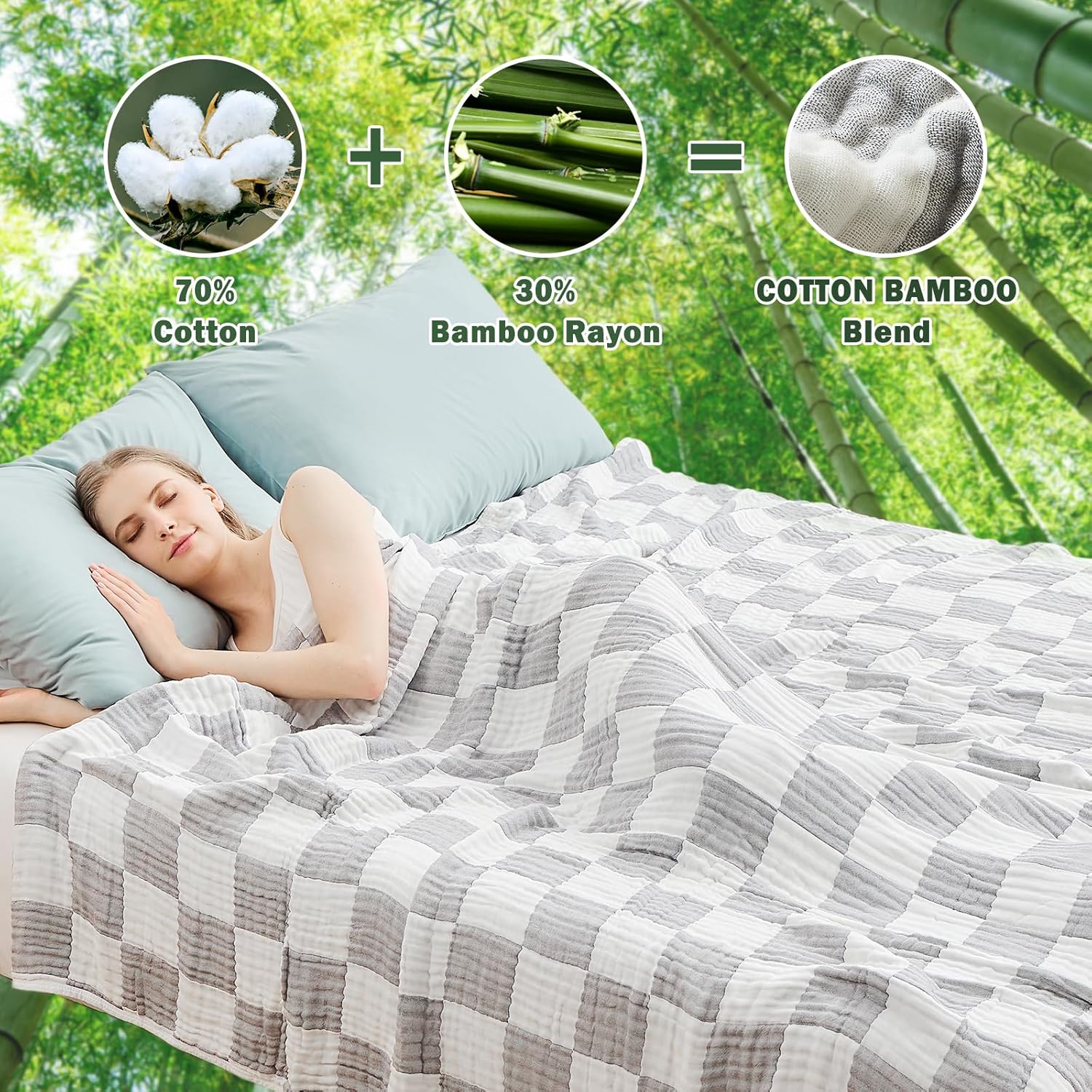 EMME Checkered Cotton Queen Size Bed Blanket, 80"x90", Lightweight Breathable Cooling All Season