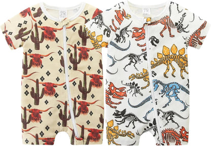 Unisex Summer Trendy 2-Pack Rompers Short Sleeve Zipped Bodysuit Infant Cotton Outfits