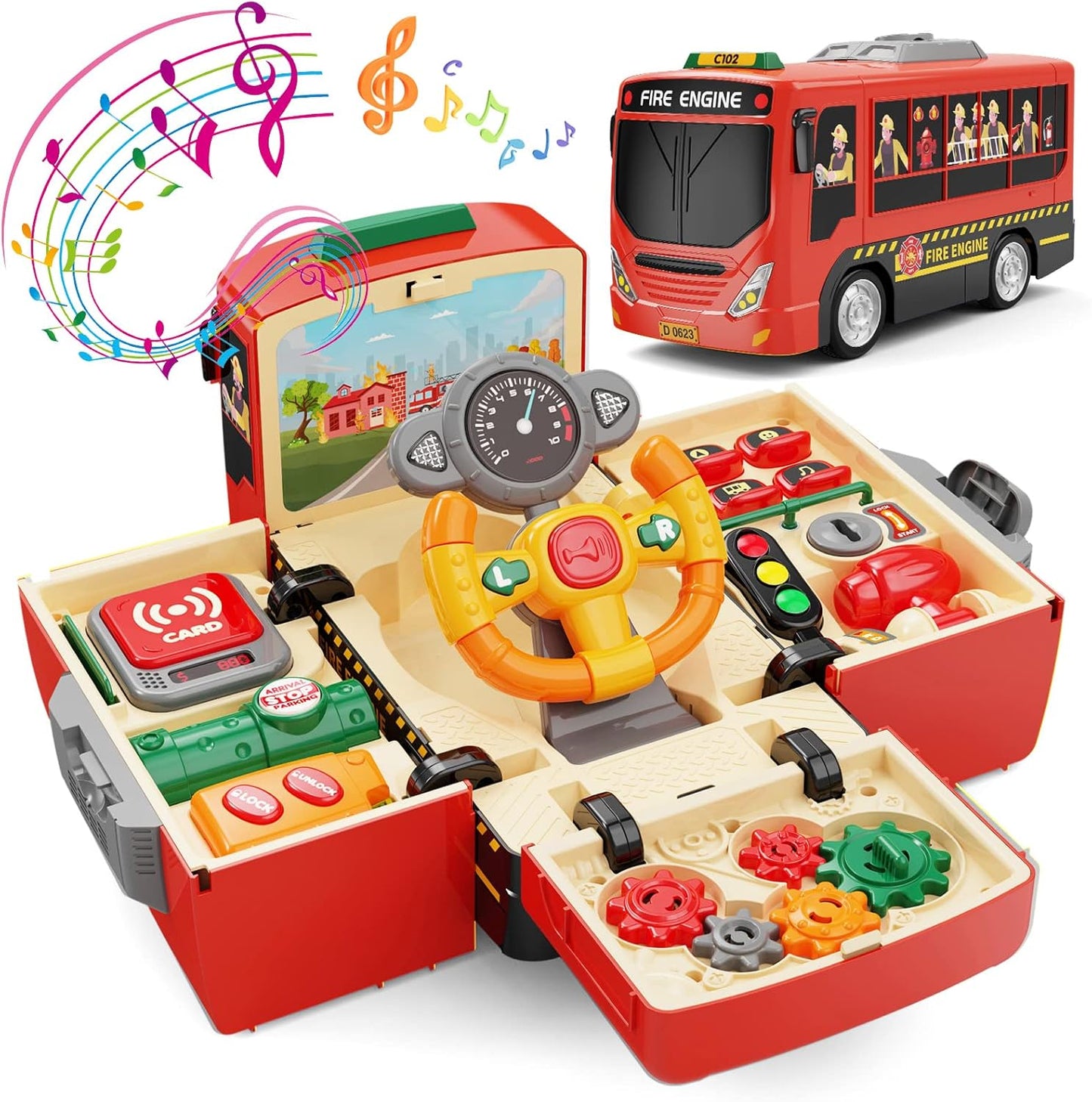 HONGTUO Fire Truck Toys with Teaching Meaning, Simulation Steering Wheel Driving Toy, Toddlers Fire Truck Toy with Sound and Light, Simulate a Rescue fire Scene，Gift for 3-5 Boys & Girls