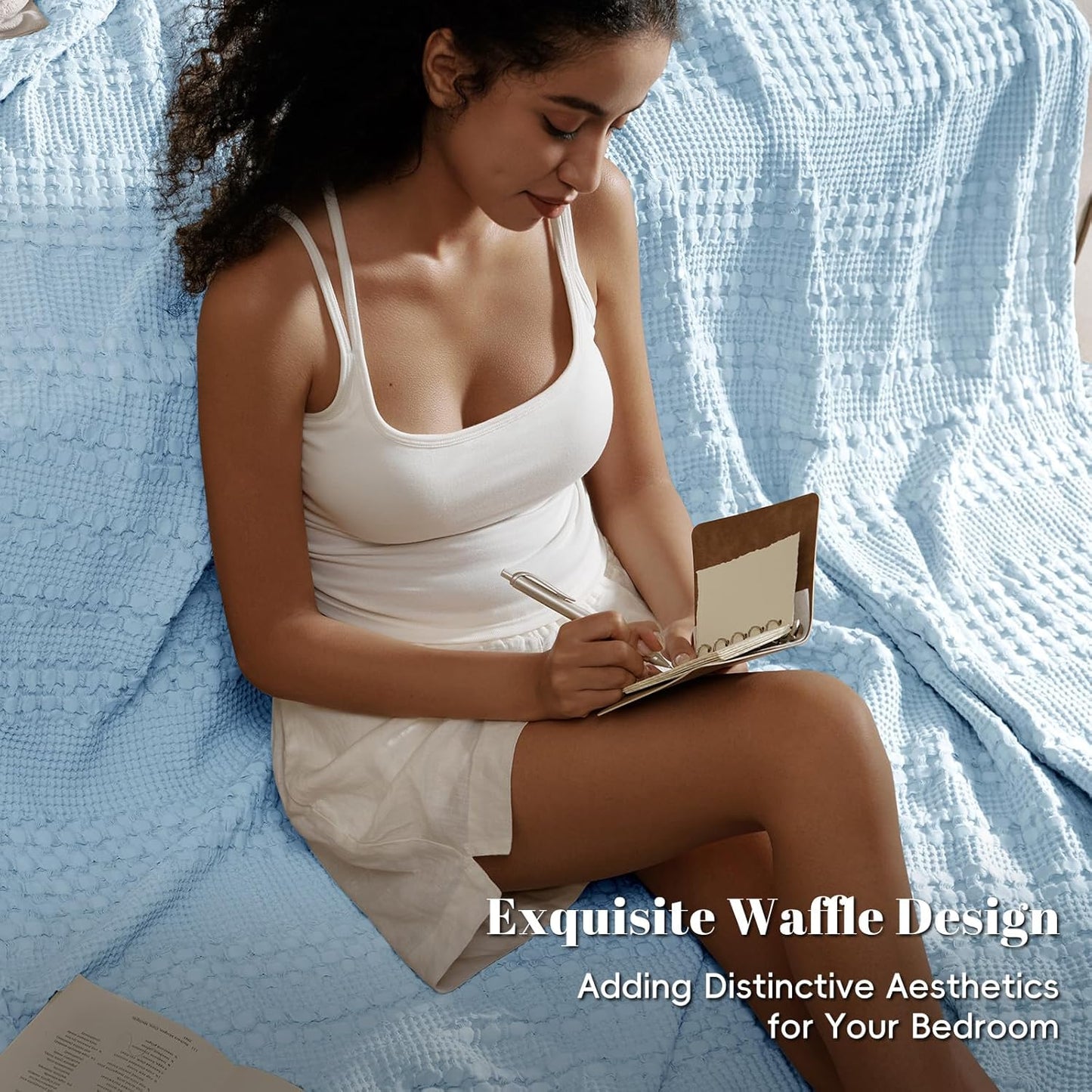 PHF 100% Cotton Waffle Weave Blanket Queen Size, Soft Lightweight Breathable Cozy Summer Blankets for Bed, Luxury Aesthetic Woven Bedding for Home Decor, 90"x90", Baby Blue