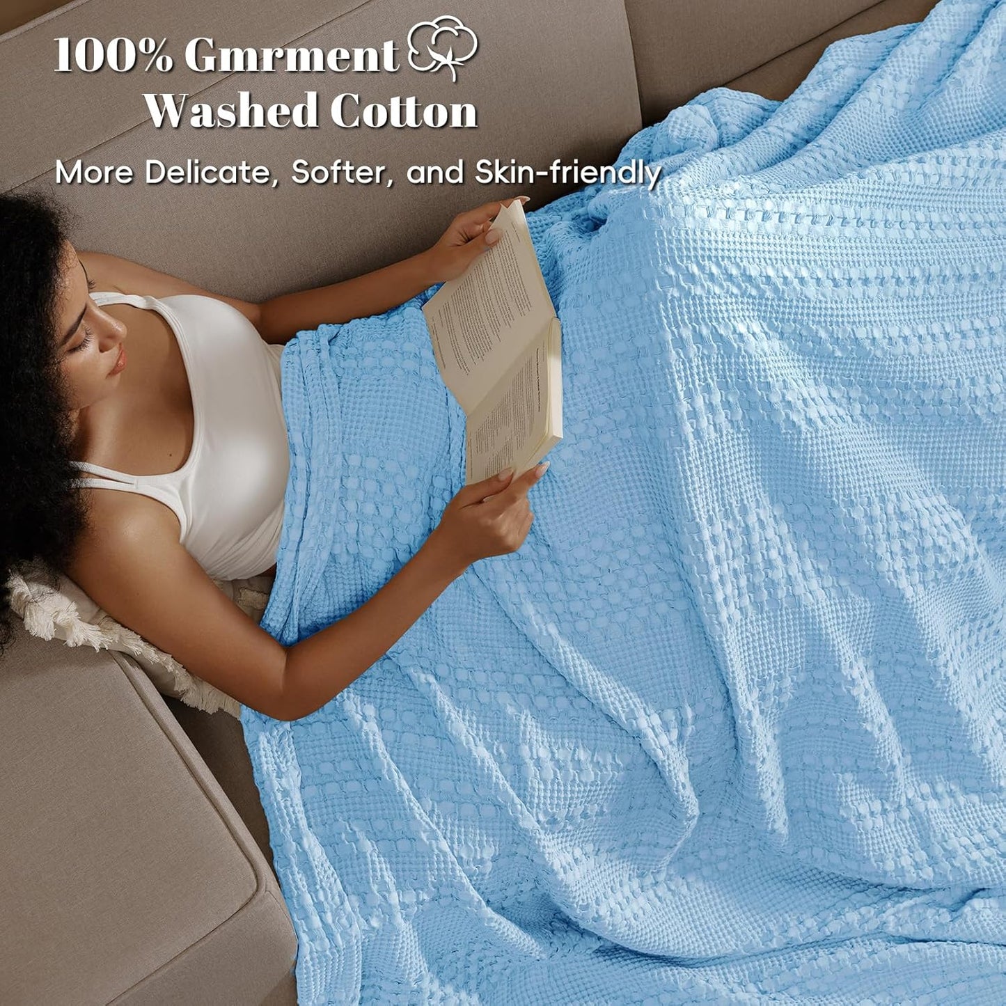 PHF 100% Cotton Waffle Weave Blanket King Size, Soft Lightweight Breathable Cozy Summer Blankets for Bed, Luxury Aesthetic Woven Bedding for Home Decor, 108"x90", Sky Blue