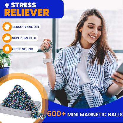 Magnetic Balls Over 600 PCS Mini Rainbow Magnetic Putty, with 2 Big Smooth Magnetic Beads, Fidget Toys for Adult, Weak Ferrite Putty Desk Toys for Office (Colorful)